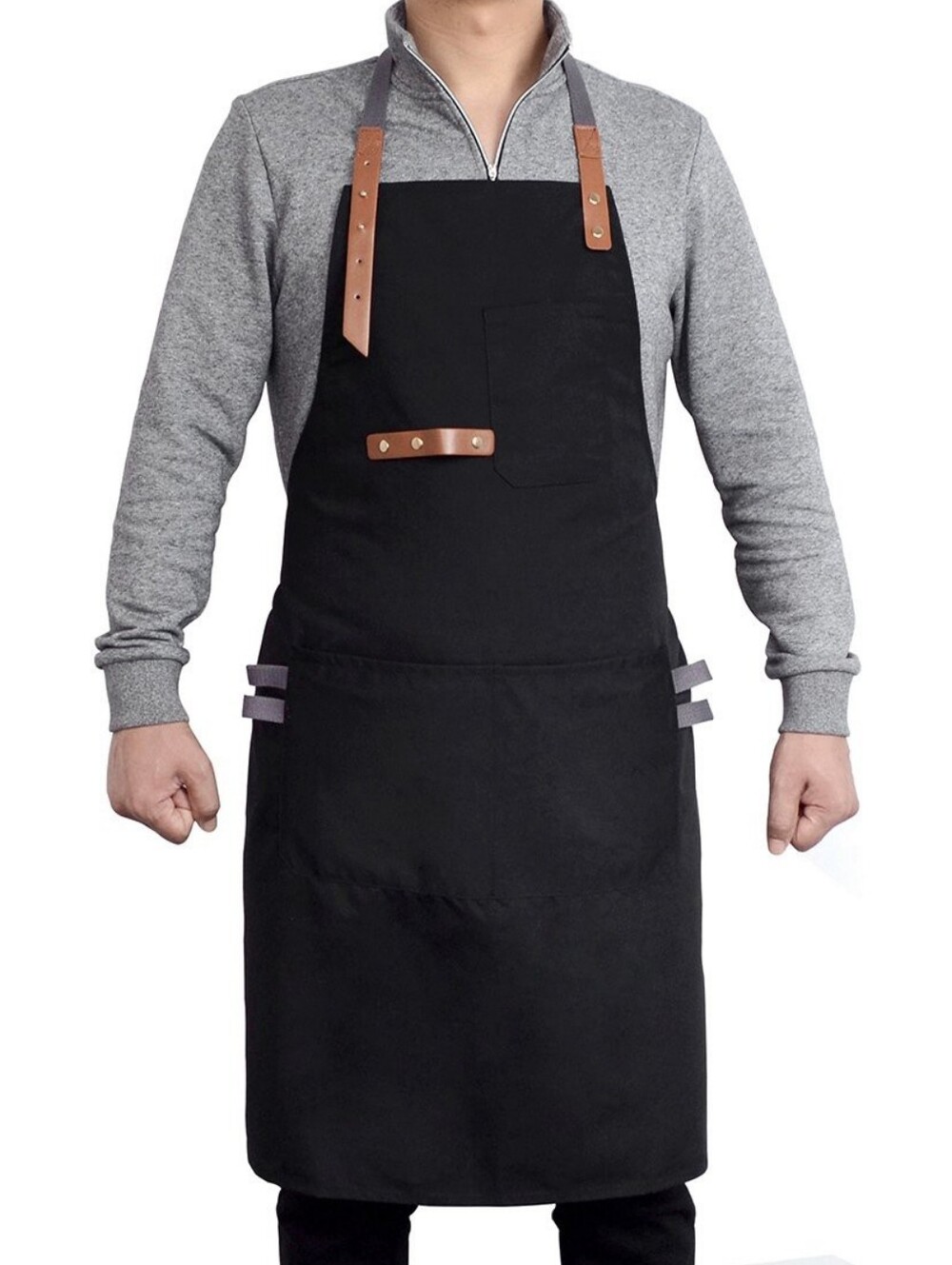 Black Canvas Chef's Apron Unisex with Brown Leather Straps 3 Pockets One Size - Picture 1 of 6